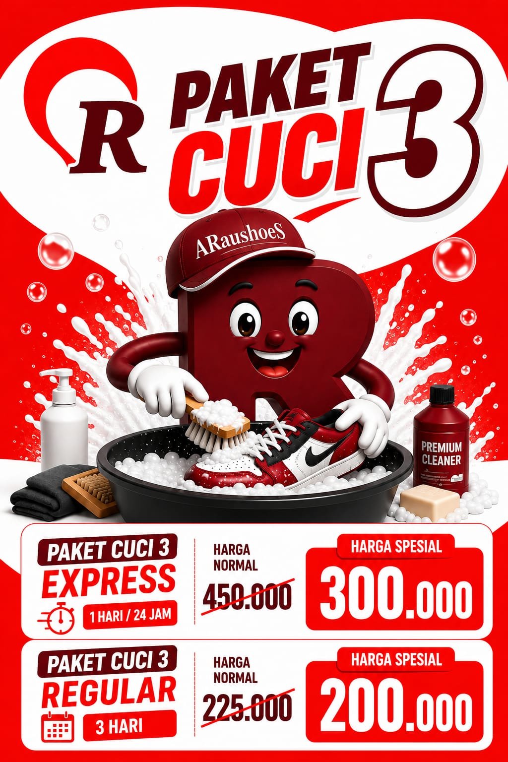 Paket cuci tiga pasang sepatu